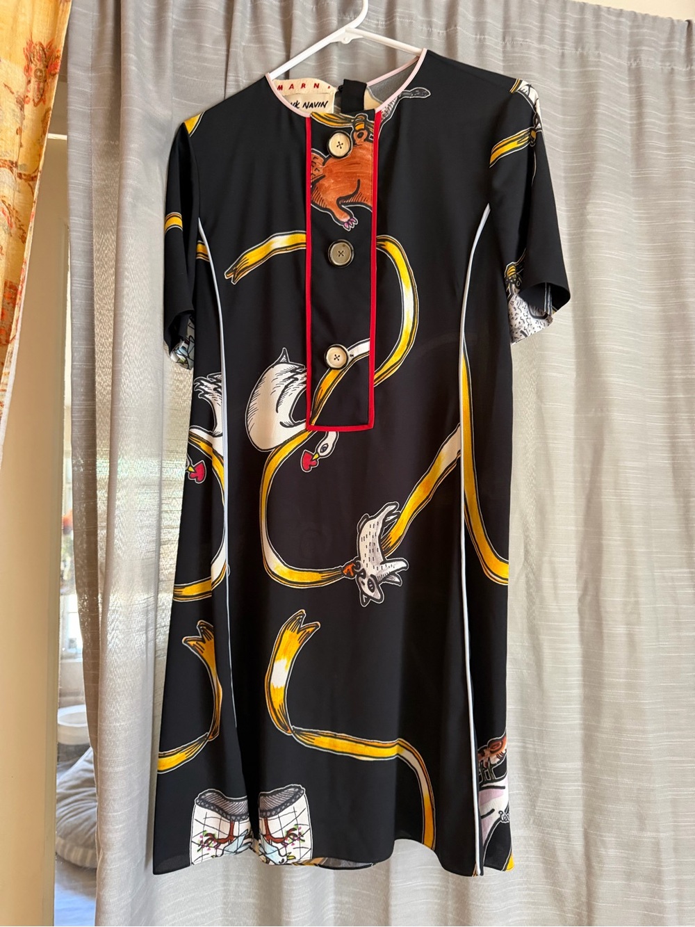 Marni whimsical black animal ribbon dress